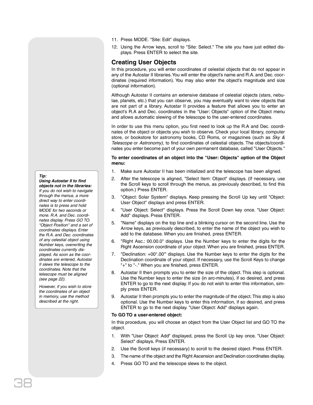 Meade RCX400TM instruction manual Creating User Objects, To GO to a user-entered object 