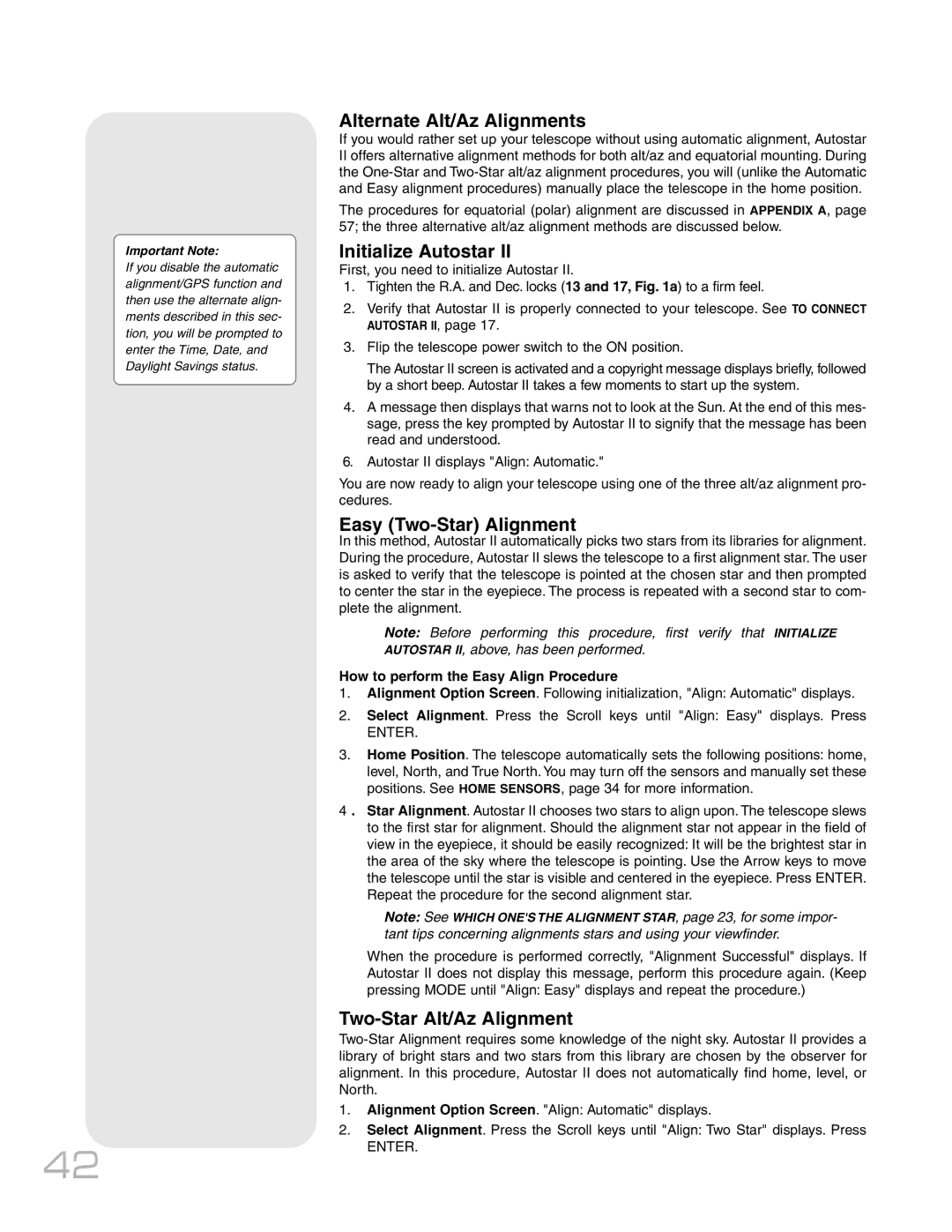 Meade RCX400TM Alternate Alt/Az Alignments, Initialize Autostar, Easy Two-Star Alignment, Two-Star Alt/Az Alignment 