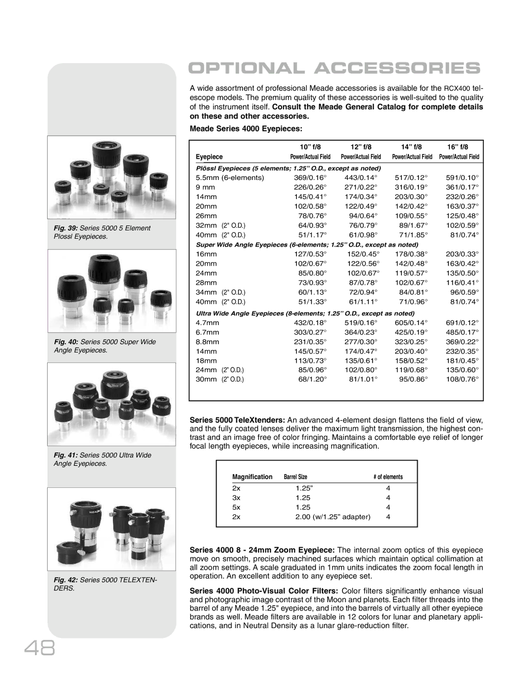 Meade RCX400TM instruction manual Optional Accessories, Meade Series 4000 Eyepieces 