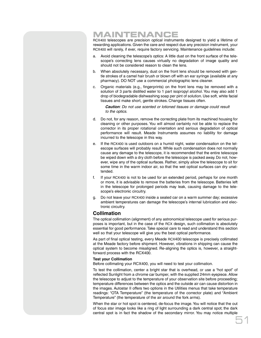 Meade RCX400TM instruction manual Maintenance, Test your Collimation 