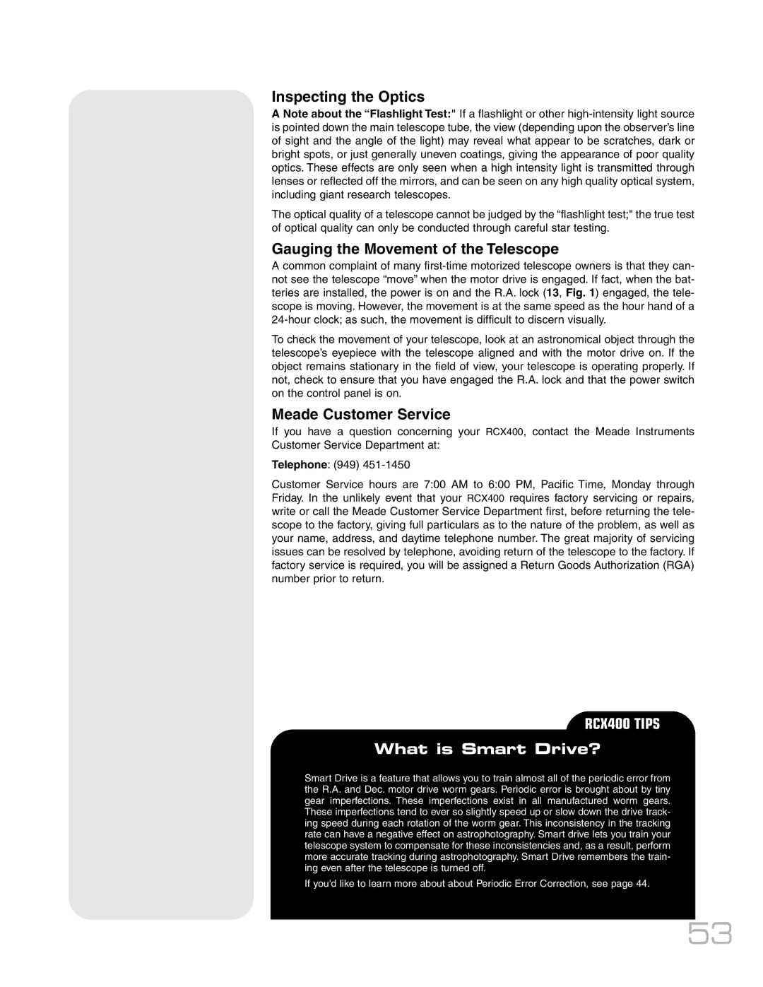 Meade RCX400TM instruction manual Inspecting the Optics, Gauging the Movement of the Telescope, Meade Customer Service 