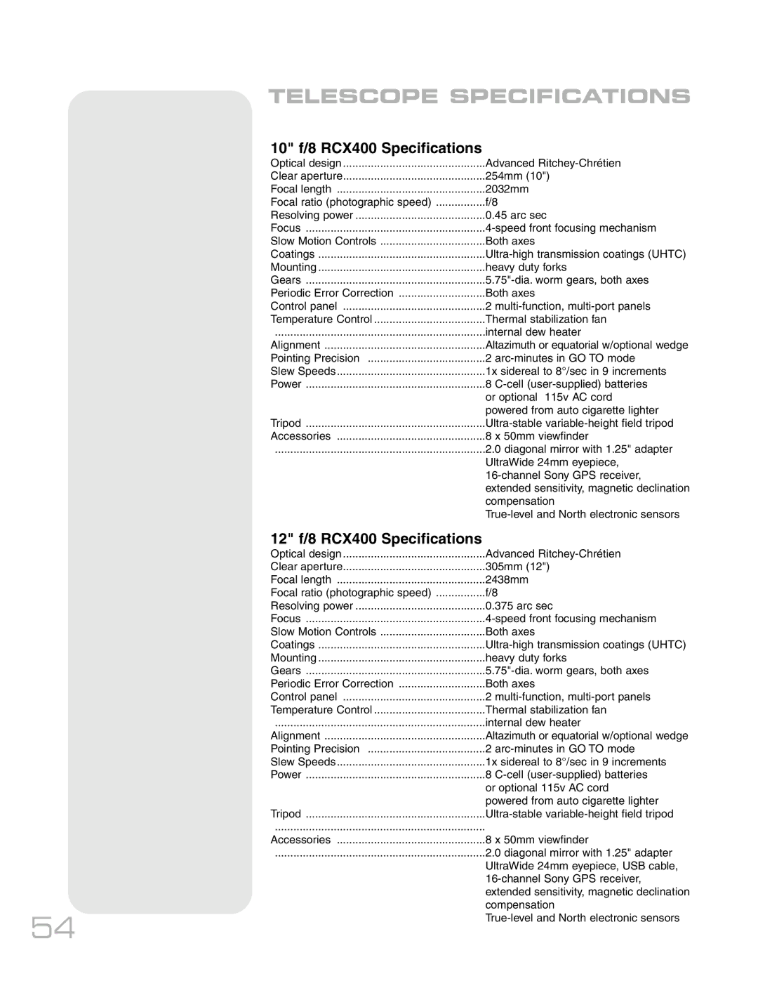 Meade RCX400TM instruction manual 10 f/8 RCX400 Specifications, 12 f/8 RCX400 Specifications 