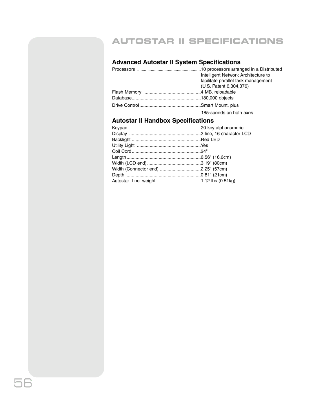 Meade RCX400TM instruction manual Advanced Autostar II System Specifications, Autostar II Handbox Specifications 