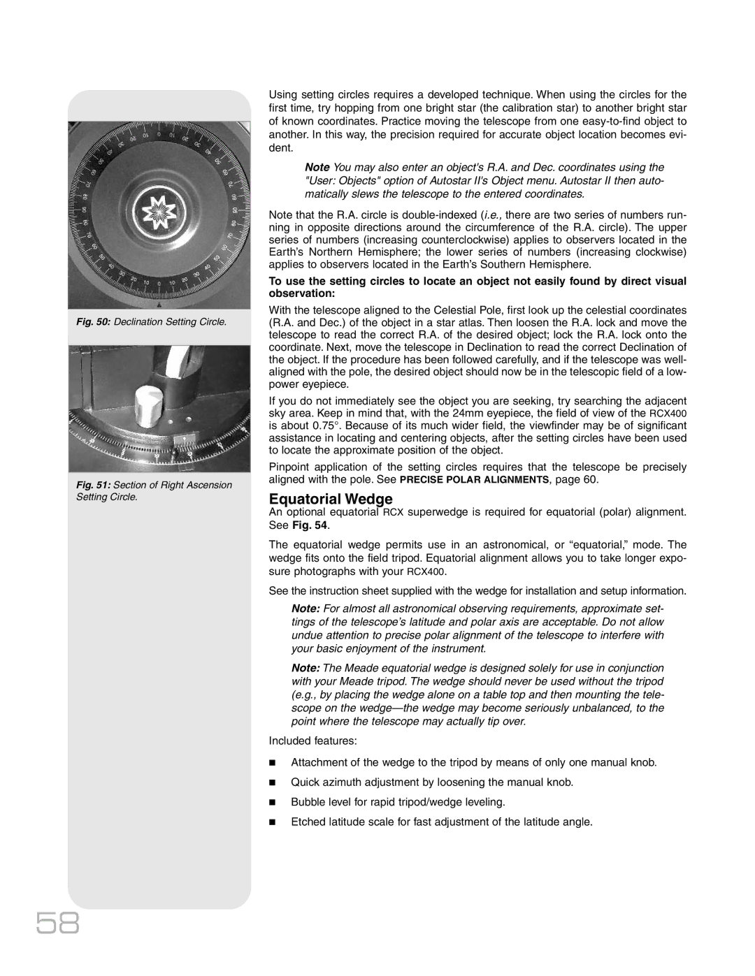 Meade RCX400TM instruction manual Equatorial Wedge, Declination Setting Circle 