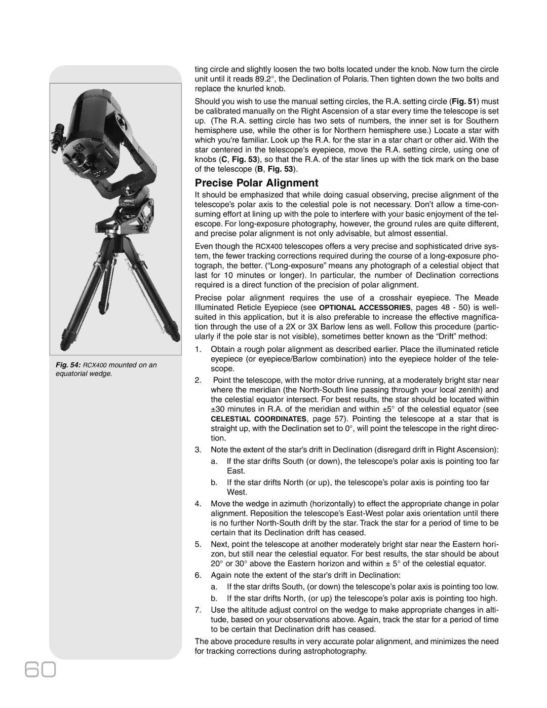 Meade RCX400TM instruction manual Precise Polar Alignment, RCX400 mounted on an equatorial wedge 