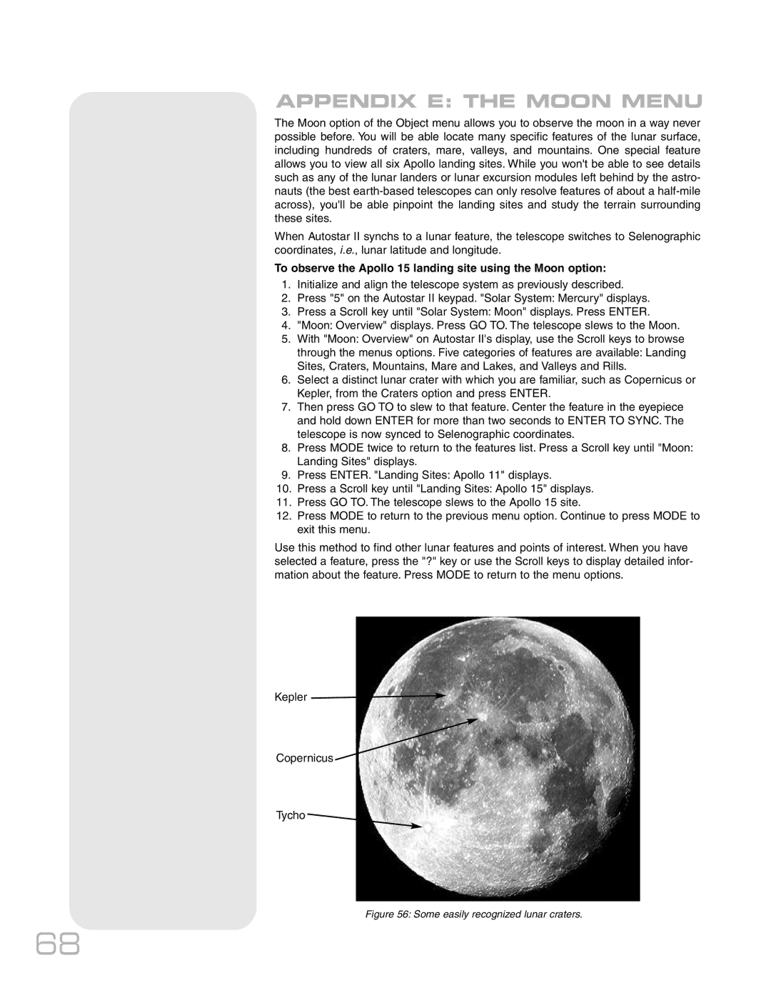 Meade RCX400TM instruction manual Appendix E the Moon Menu, To observe the Apollo 15 landing site using the Moon option 