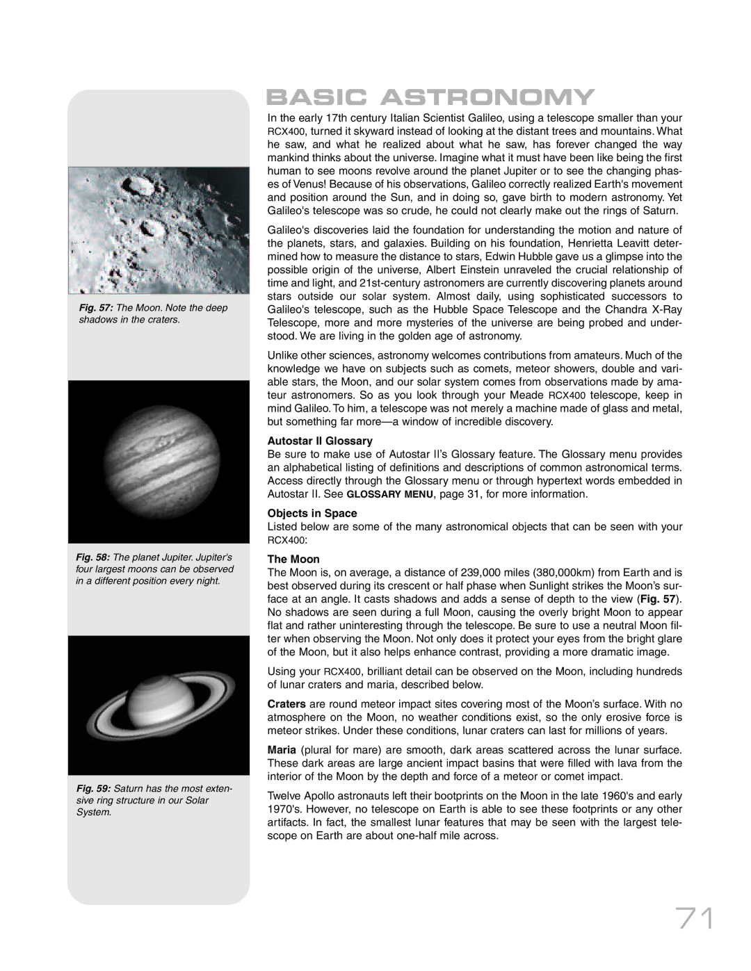 Meade RCX400TM instruction manual Basic Astronomy, Autostar II Glossary, Objects in Space, Moon 