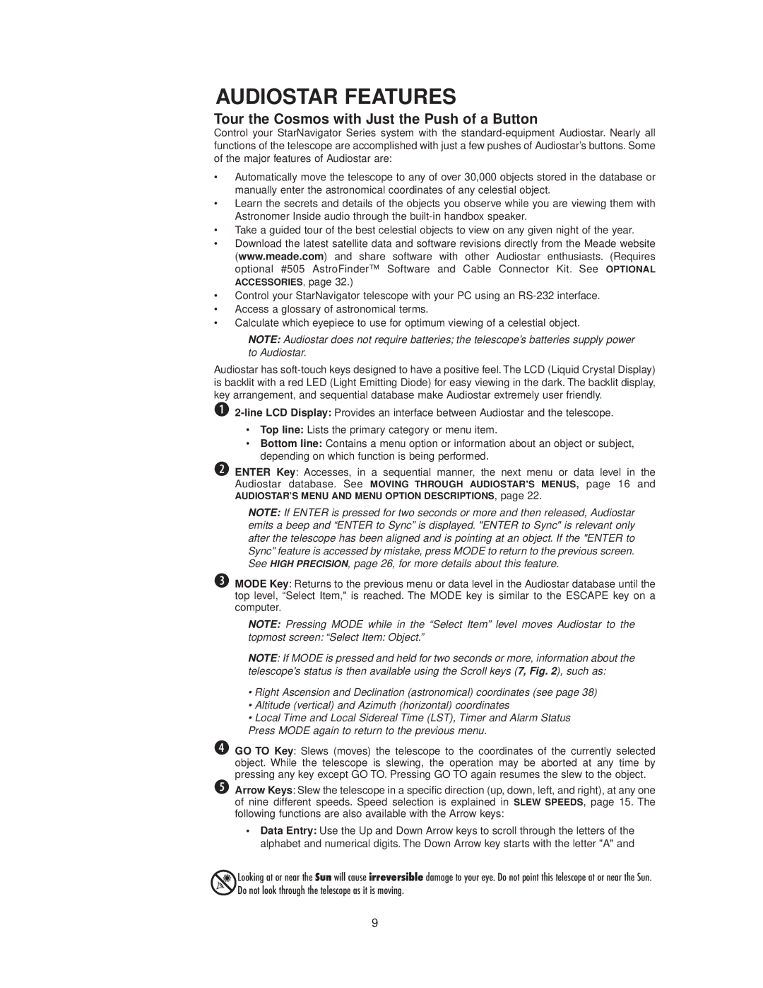 Meade StarNavigator instruction manual Audiostar Features, Tour the Cosmos with Just the Push of a Button 