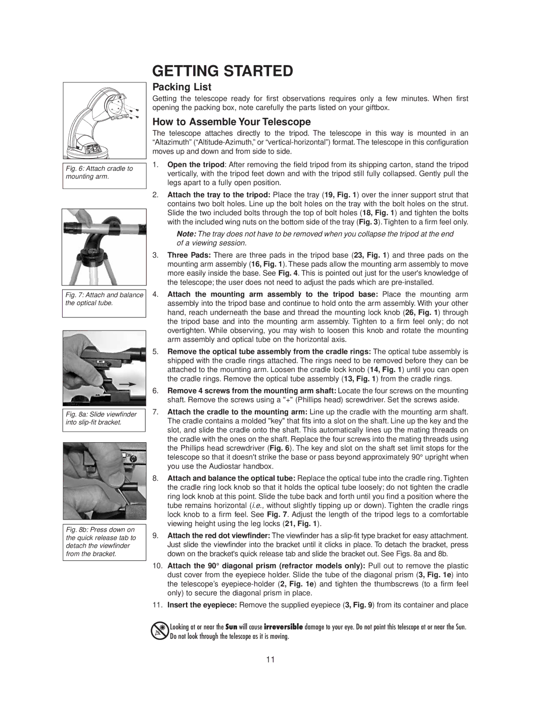 Meade StarNavigator instruction manual Getting Started, Packing List, How to Assemble Your Telescope 