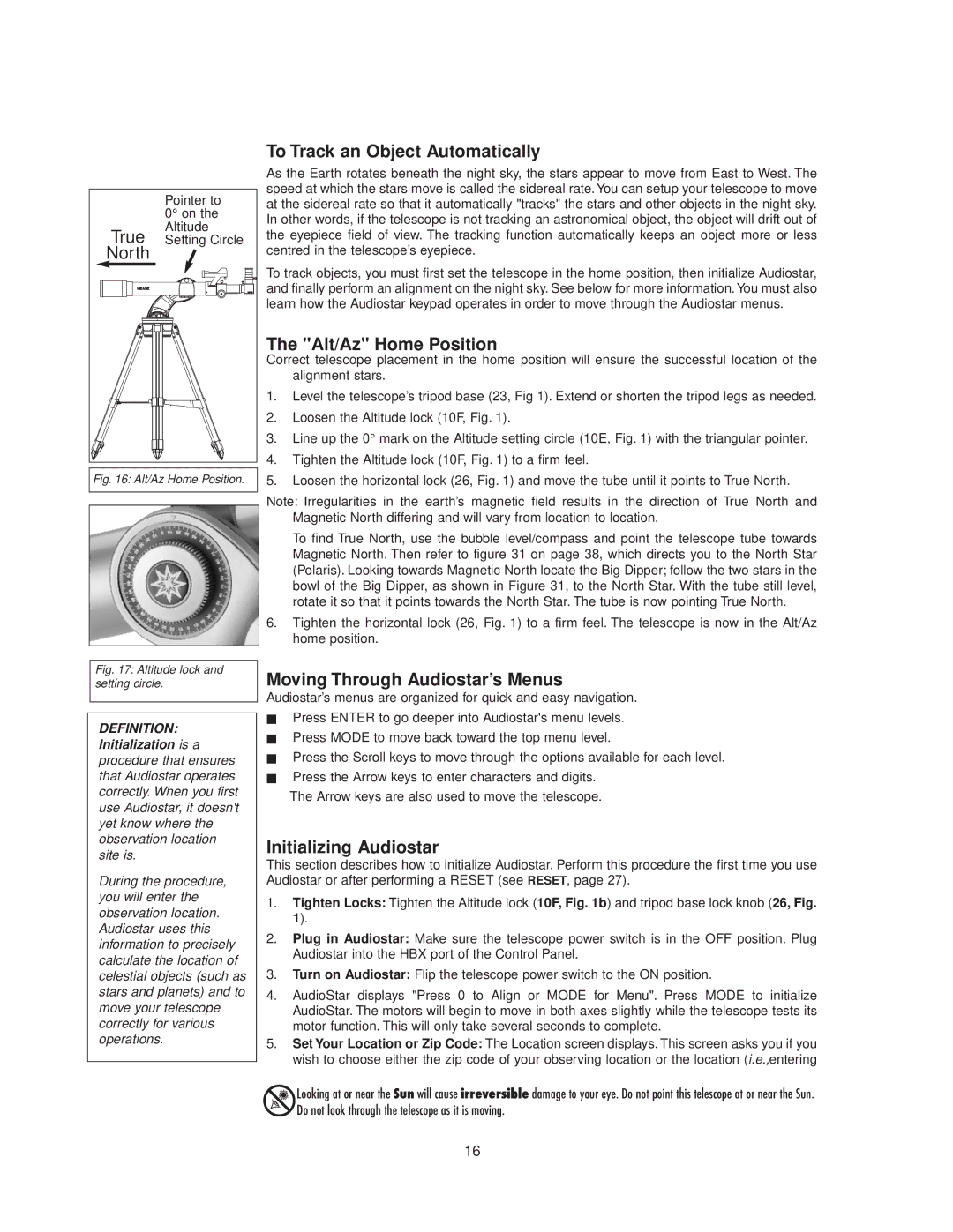 Meade StarNavigator To Track an Object Automatically, Alt/Az Home Position, Moving Through Audiostar’s Menus 