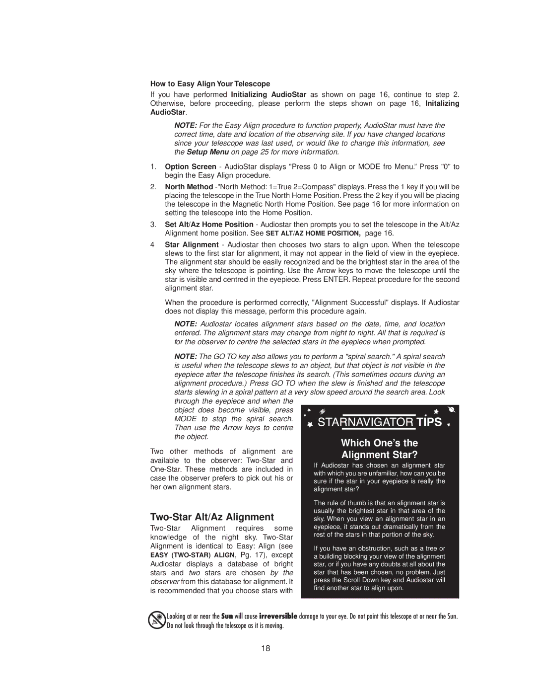 Meade StarNavigator instruction manual Two-Star Alt/Az Alignment, How to Easy Align Your Telescope 