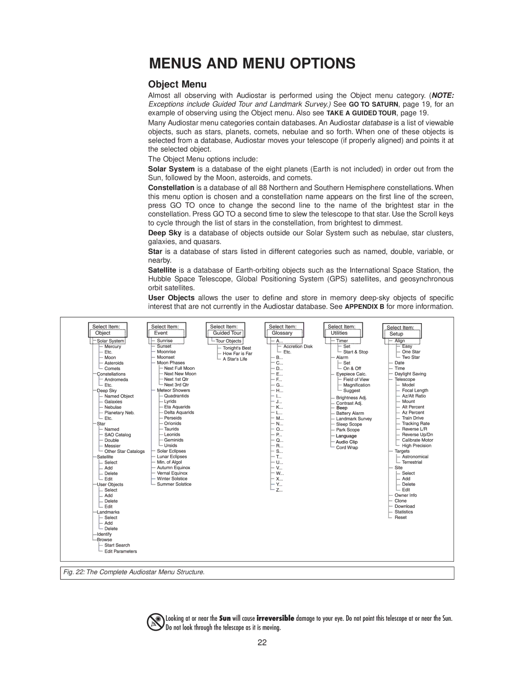 Meade StarNavigator instruction manual Menus and Menu Options, Object Menu 