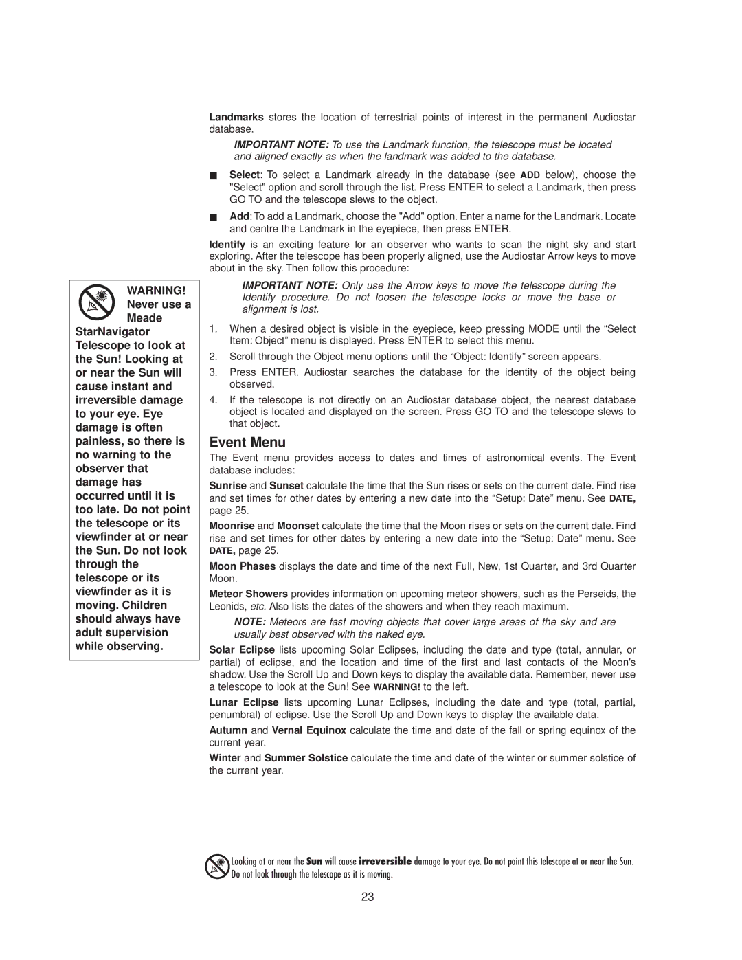 Meade StarNavigator instruction manual Event Menu 