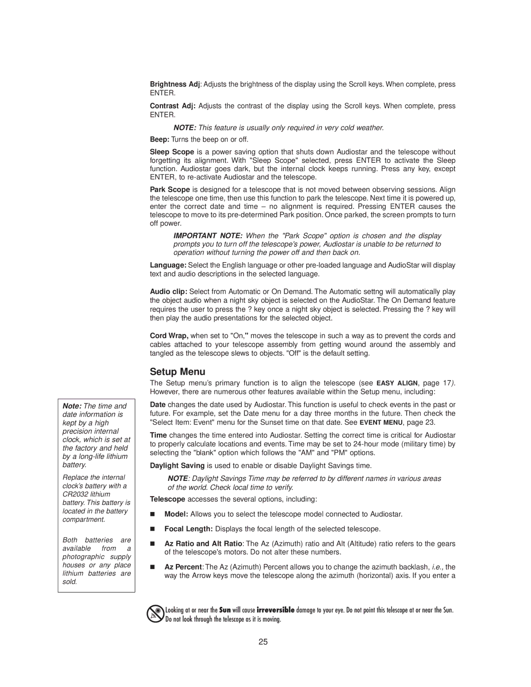 Meade StarNavigator instruction manual Setup Menu, Enter 