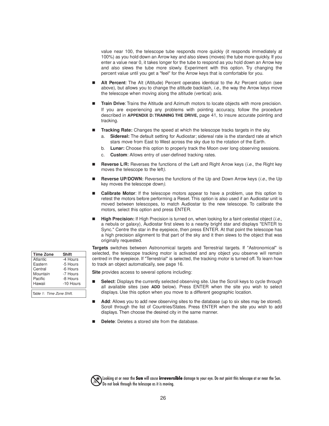 Meade StarNavigator instruction manual Time Zone Shift 