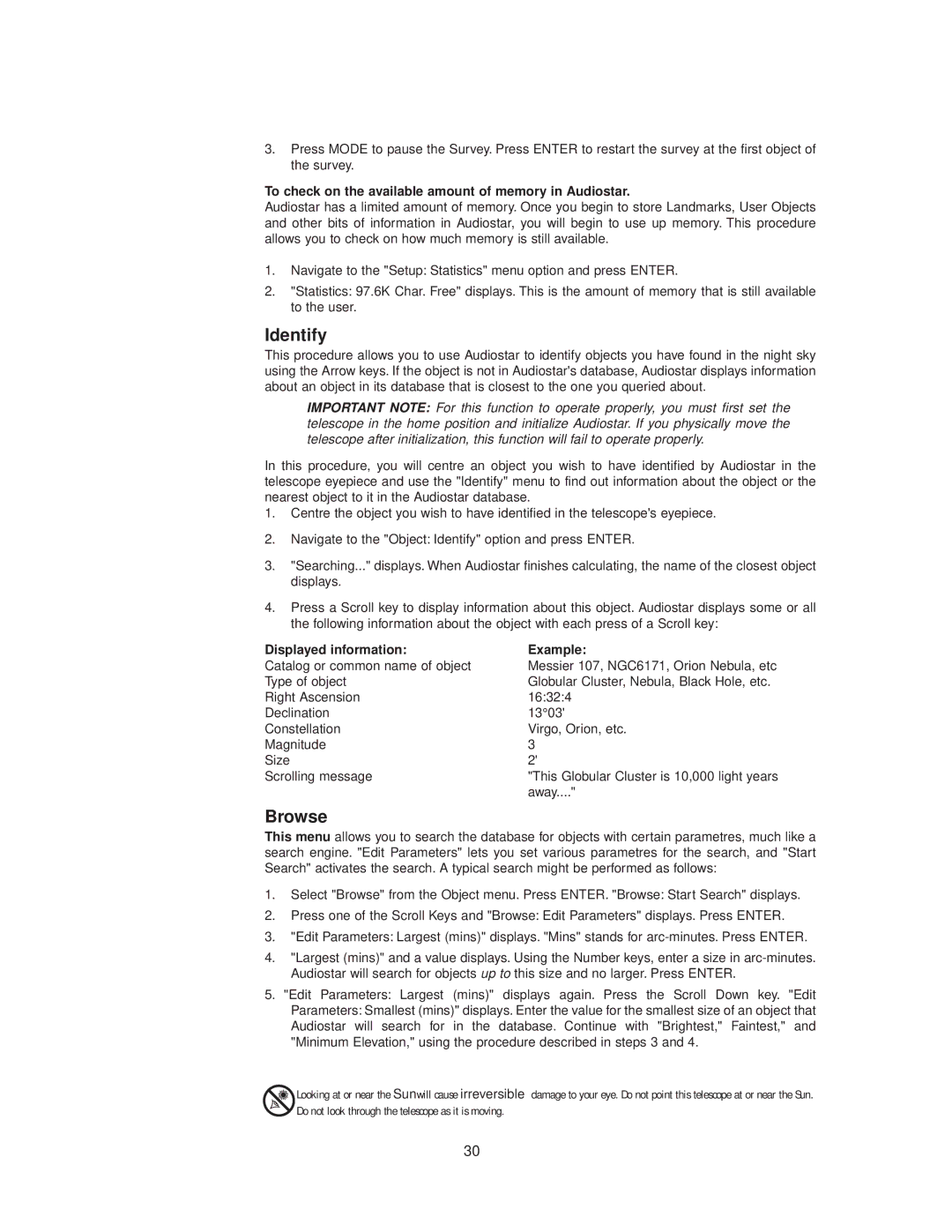 Meade StarNavigator instruction manual Identify, Browse, To check on the available amount of memory in Audiostar 