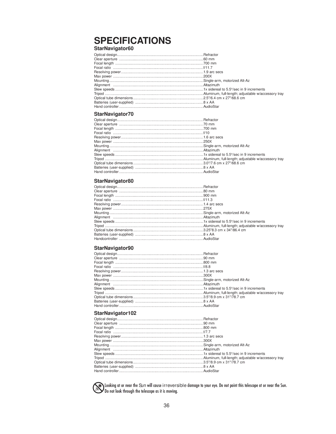 Meade instruction manual Specifications, StarNavigator60 