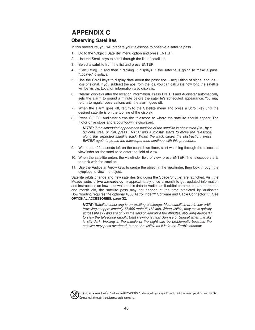 Meade StarNavigator instruction manual Appendix C, Observing Satellites 