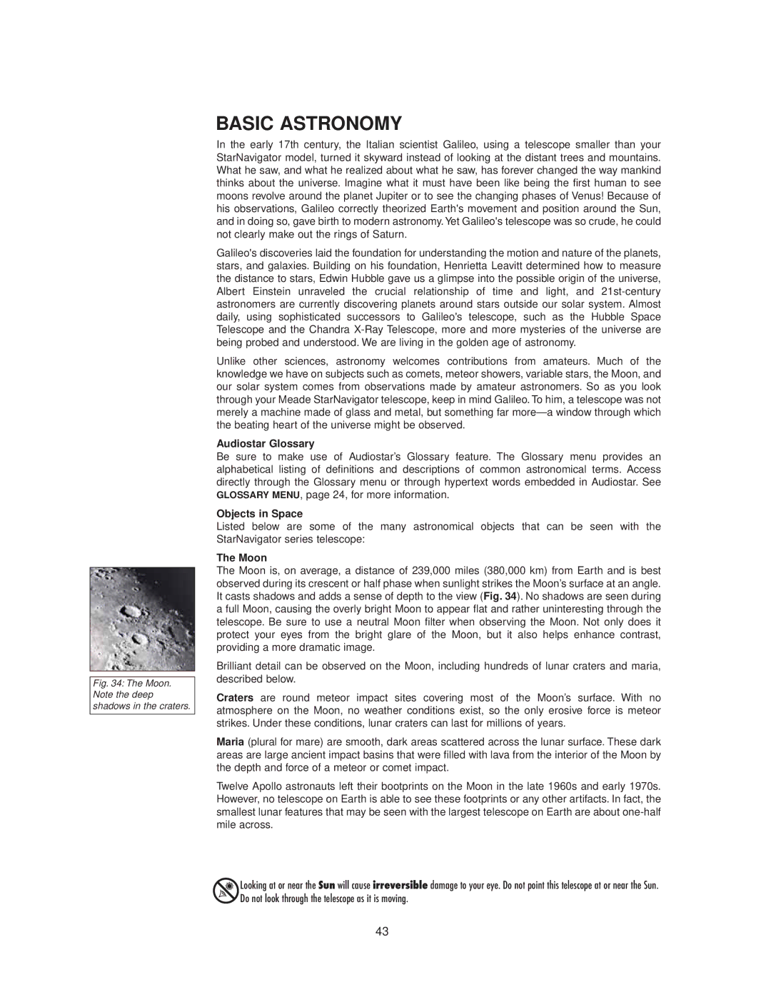 Meade StarNavigator instruction manual Basic Astronomy, Audiostar Glossary, Objects in Space, Moon 