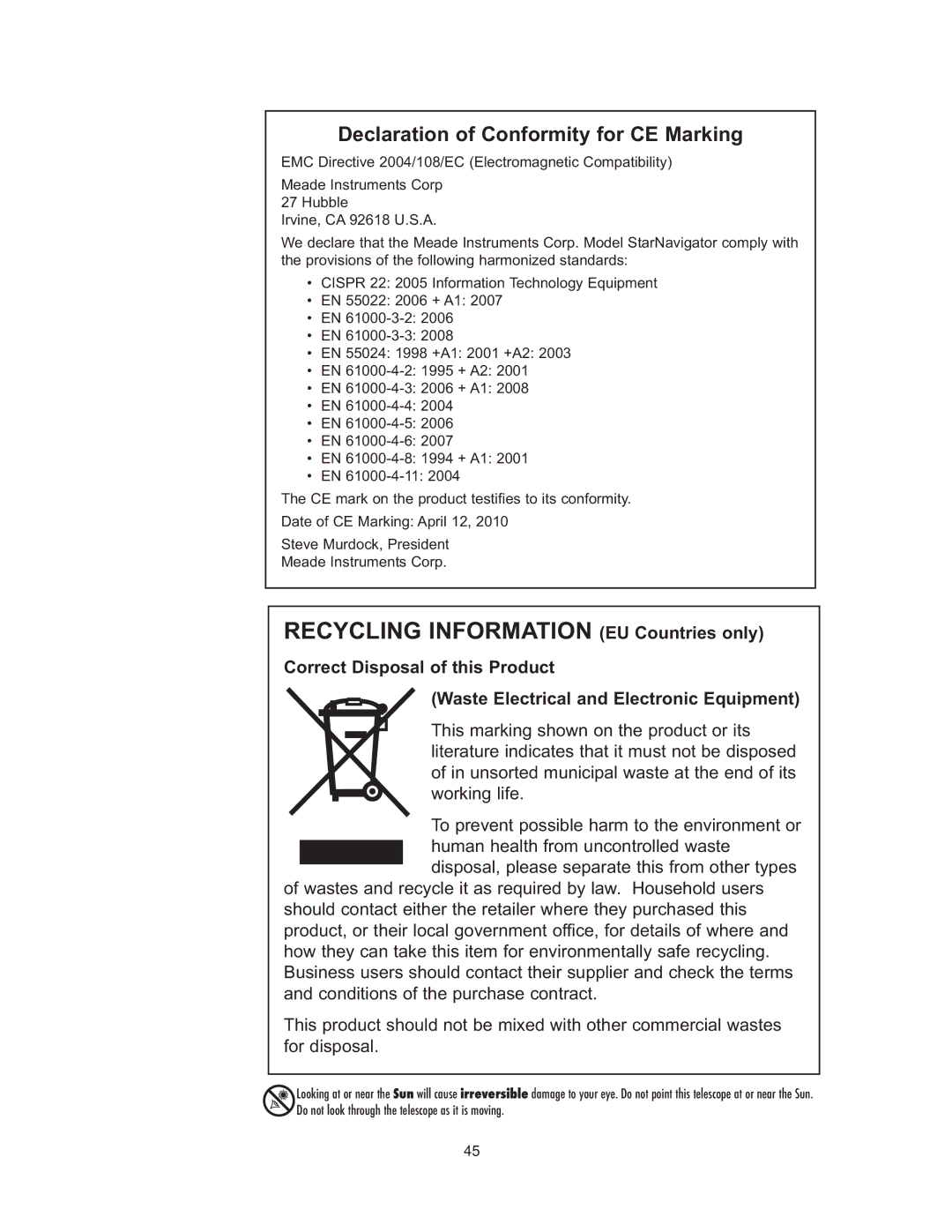 Meade StarNavigator instruction manual Recycling Information EU Countries only 