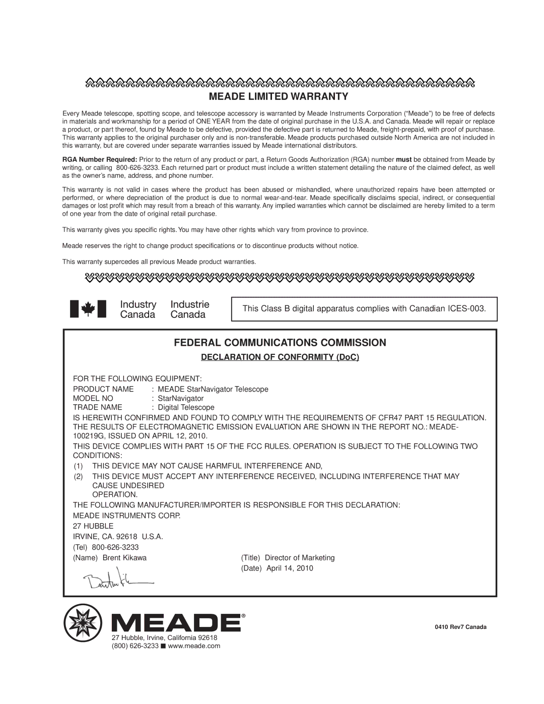 Meade StarNavigator instruction manual Meade Limited Warranty 