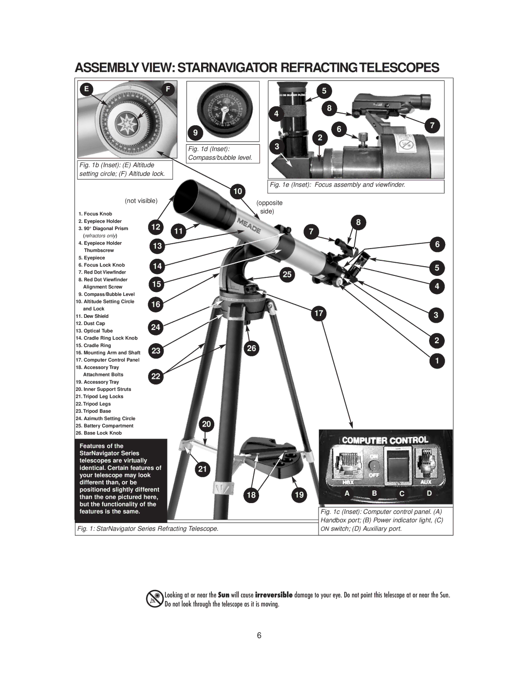 Meade StarNavigator instruction manual Assembly View Starnavigator Refractingtelescopes, Side 