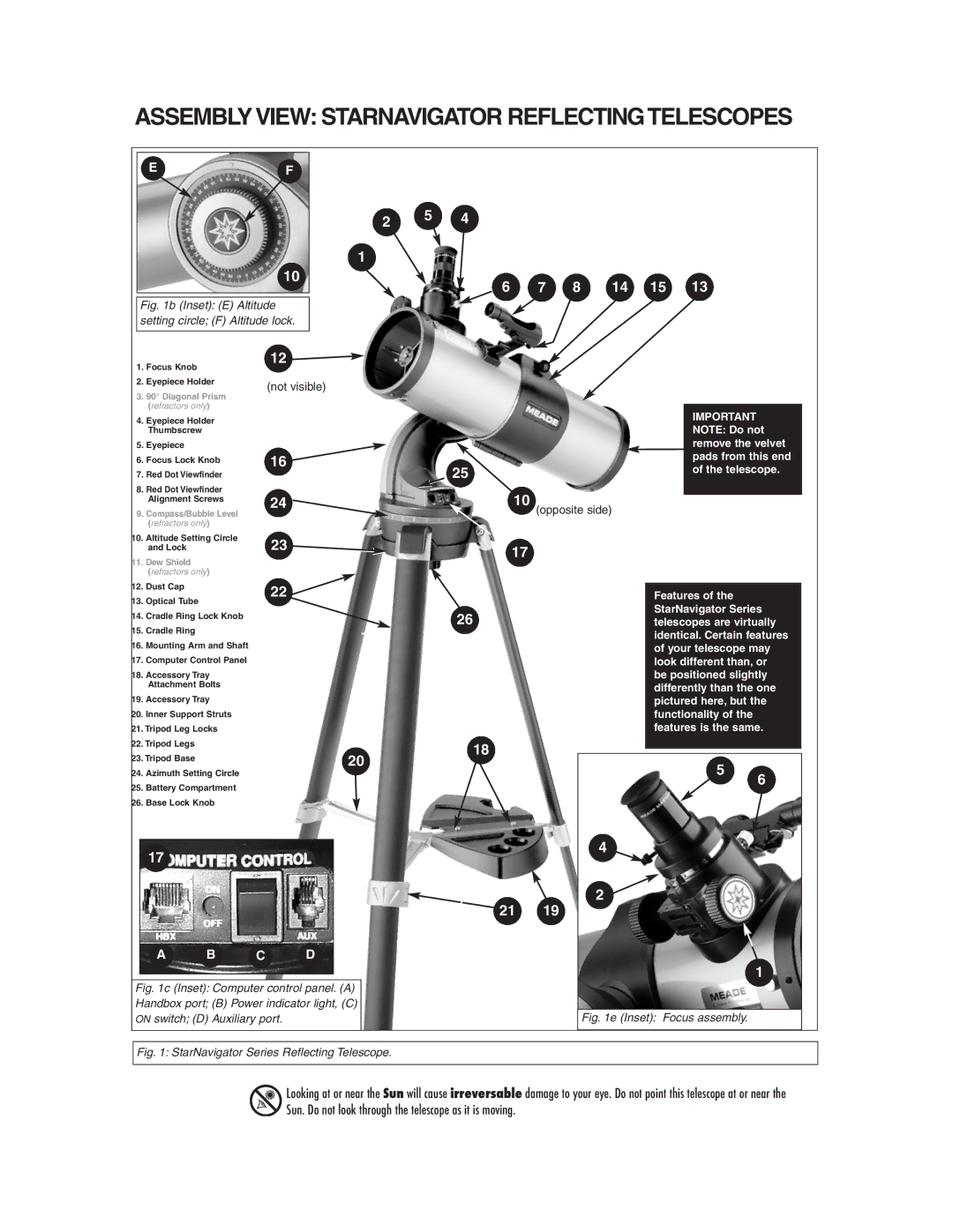 Meade StarNavigator instruction manual Assembly View Starnavigator Reflectingtelescopes, 8 14 15 