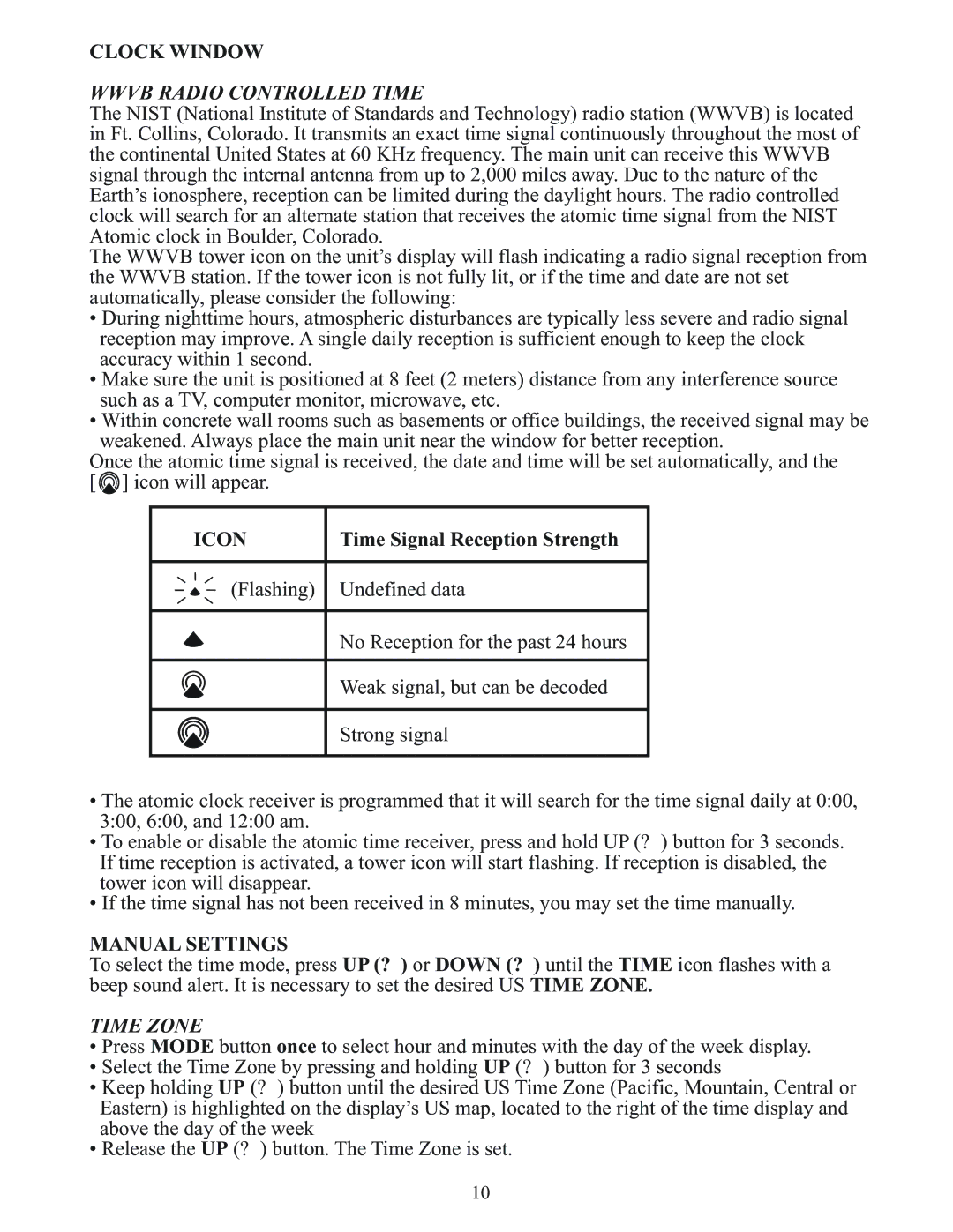 Meade TE256W user manual Clock Window, Wwvb Radio Controlled Time, Icon, Manual Settings, Time Zone 