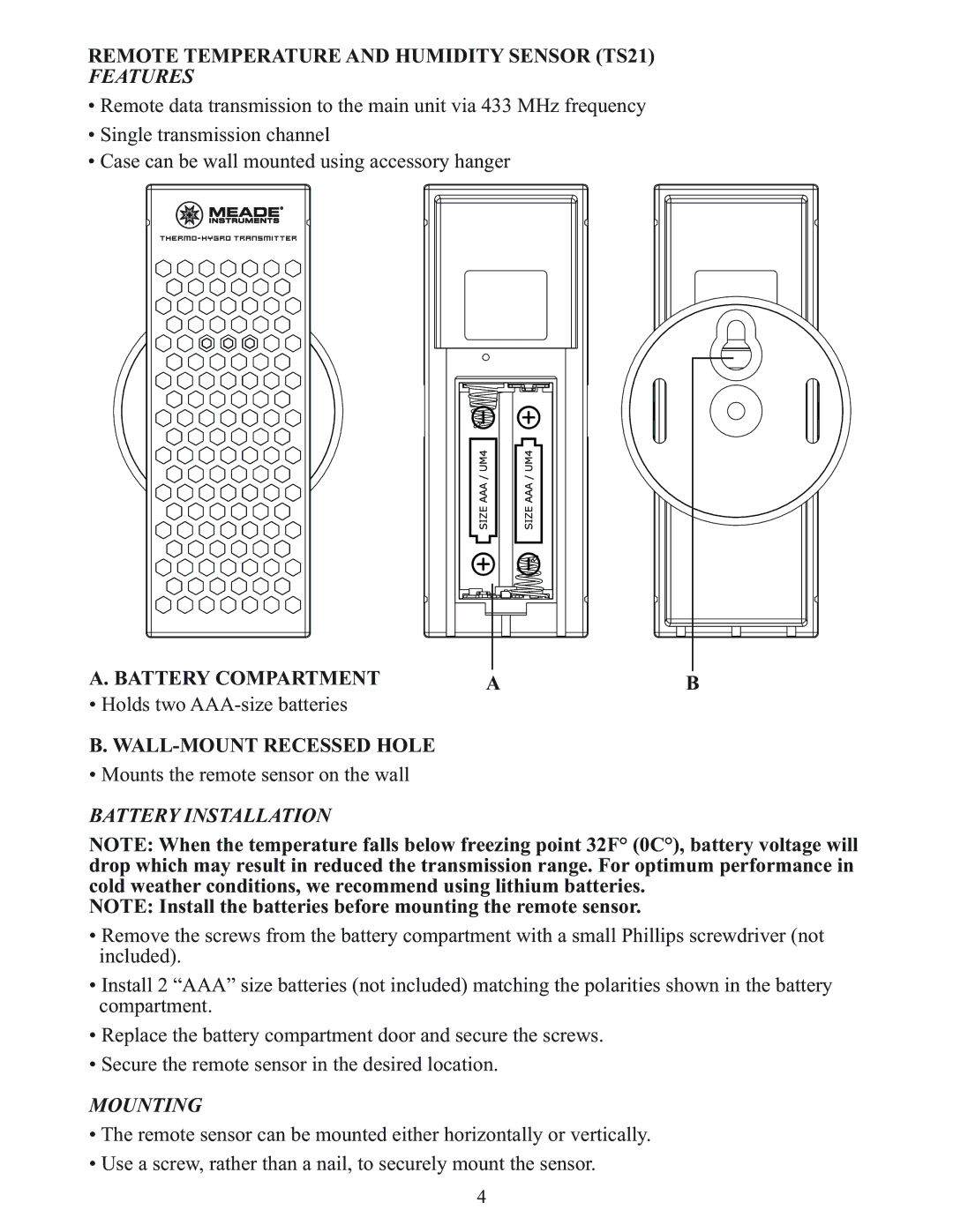 Meade TE256W user manual Features, Battery Installation, Mounting 
