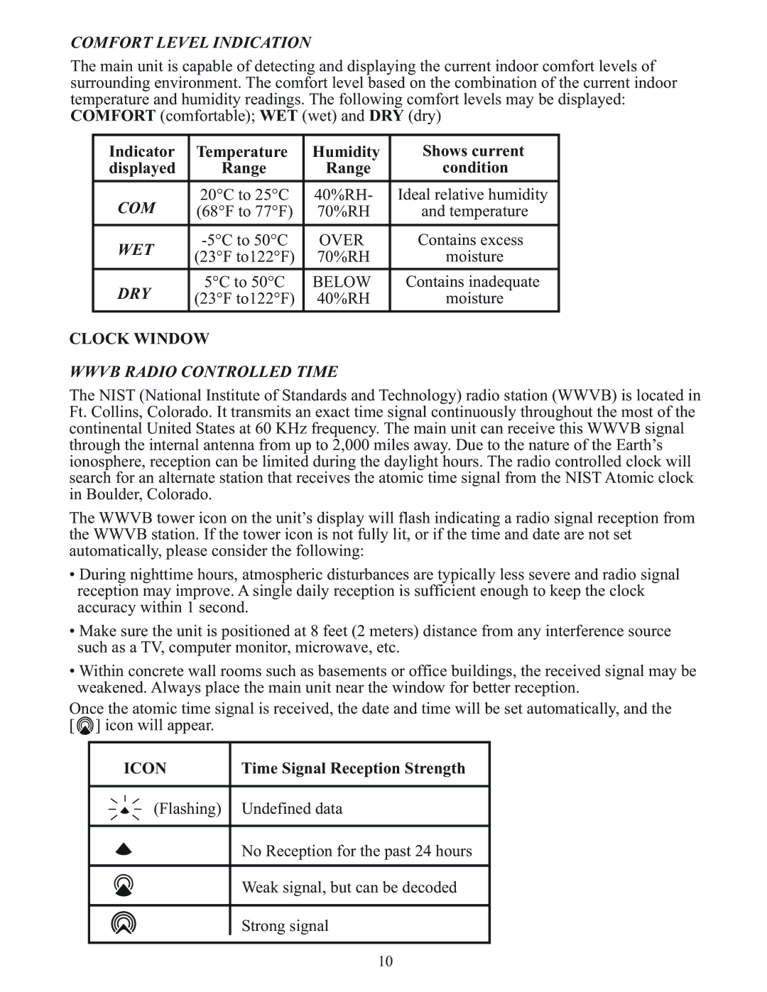 Meade TE346W user manual Comfort Level Indication, Wet, Dry, Wwvb Radio Controlled Time 