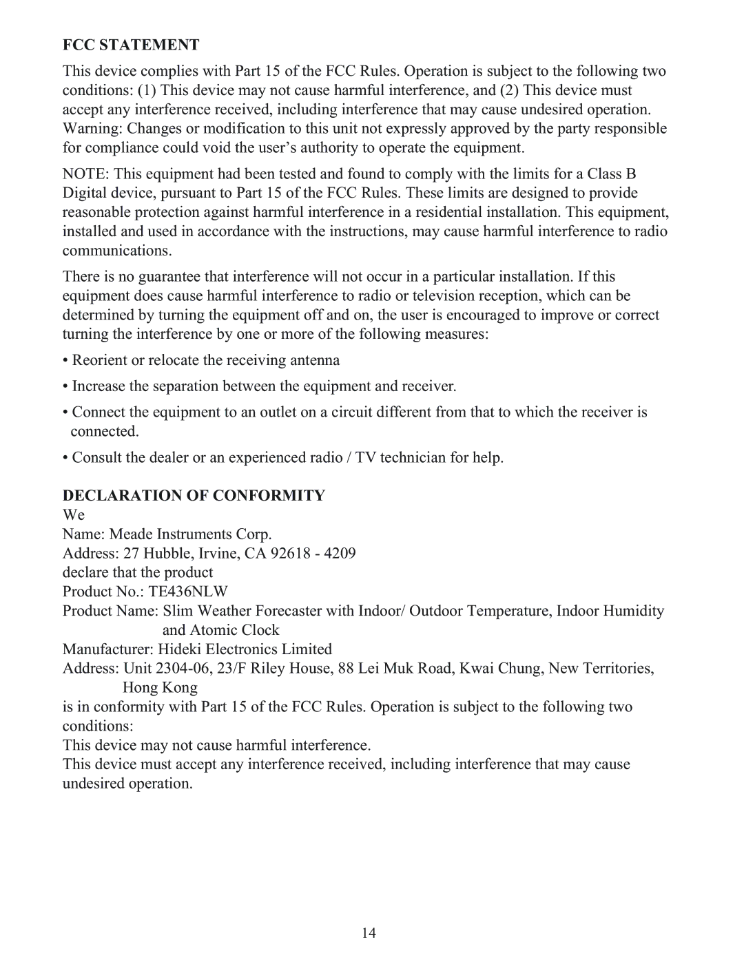 Meade TE346W user manual FCC Statement, Declaration of Conformity 