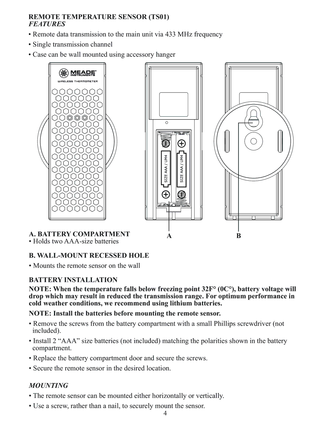 Meade TE346W user manual Features, Mounting 