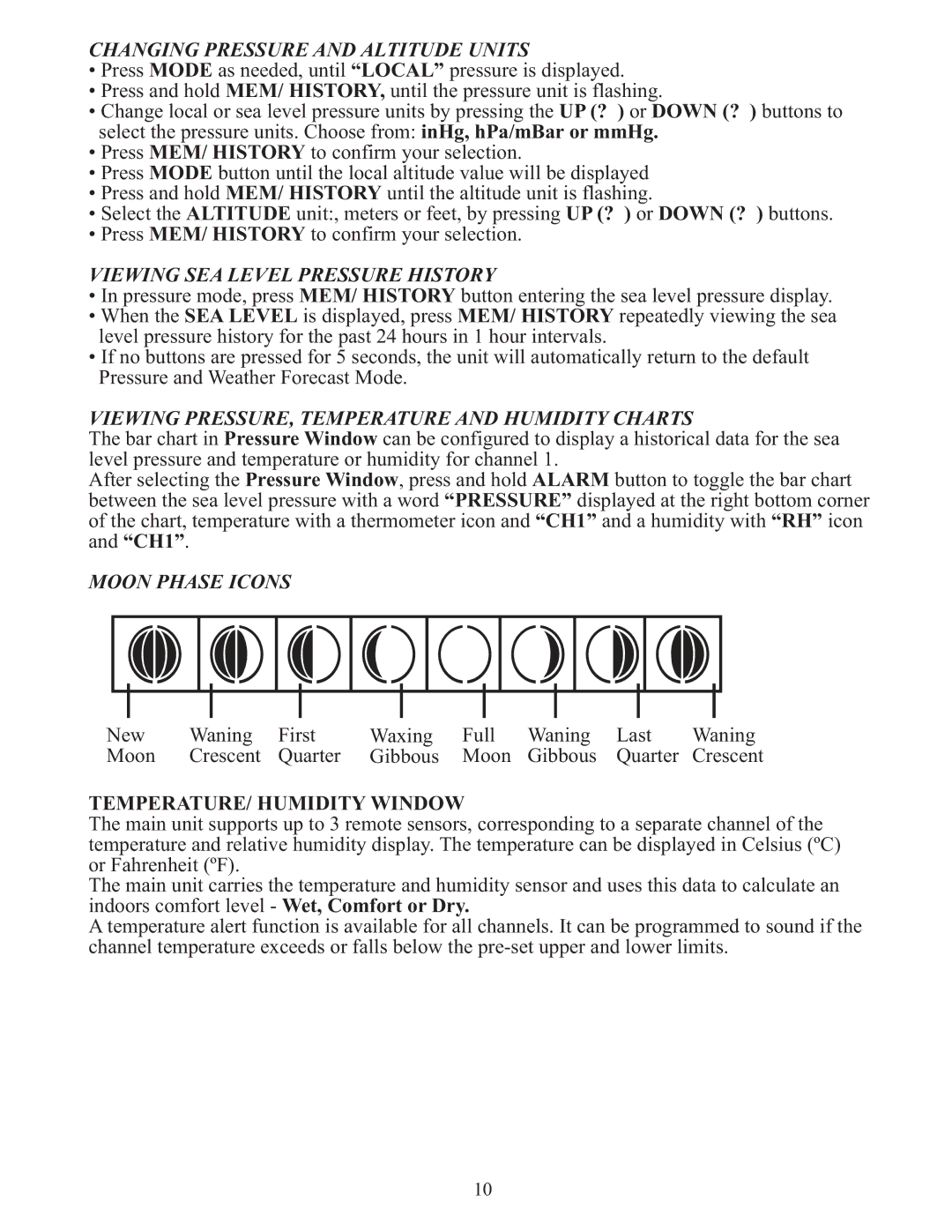 Meade TE636W user manual Changing Pressure and Altitude Units, Viewing SEA Level Pressure History, Moon Phase Icons 