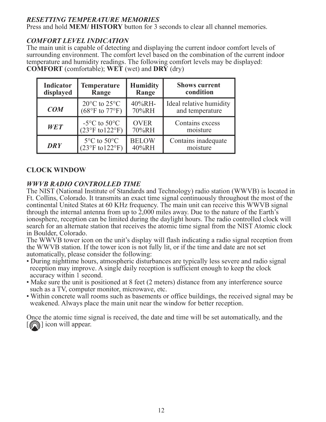 Meade TE636W user manual Resetting Temperature Memories, Comfort Level Indication, Wet, Dry, Wwvb Radio Controlled Time 