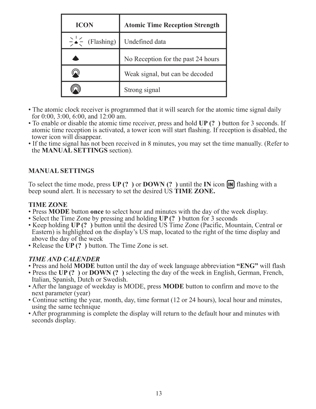 Meade TE636W user manual Icon, Atomic Time Reception Strength, Manual Settings, Time Zone, Time and Calender 