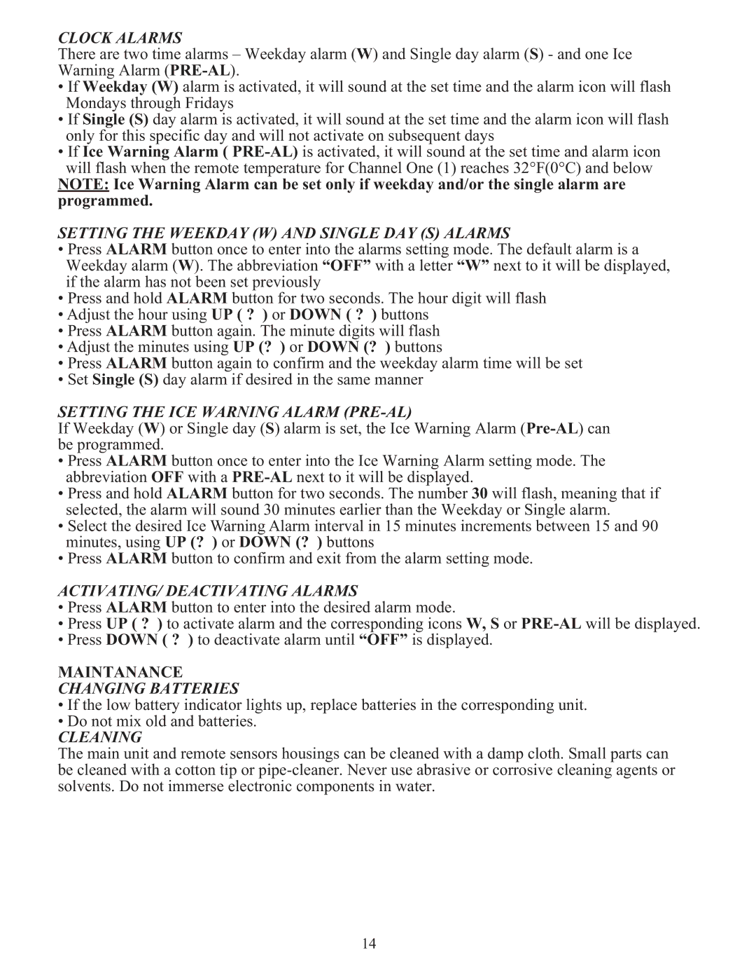 Meade TE636W Clock Alarms, Setting the Weekday W and Single DAY S Alarms, Setting the ICE Warning Alarm PRE-AL, Cleaning 