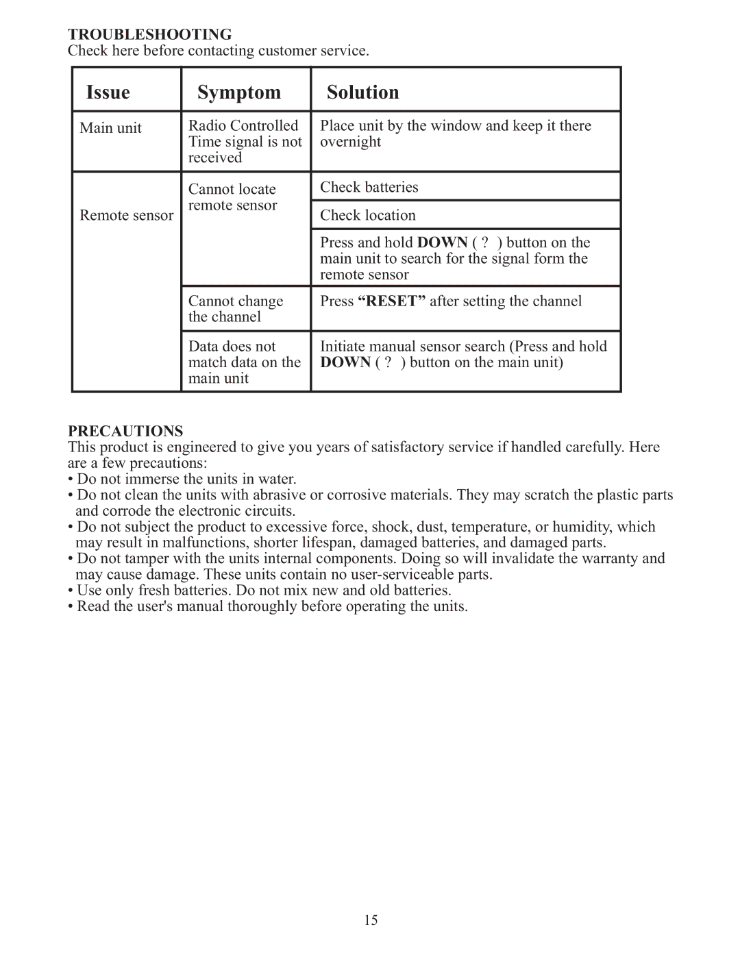 Meade TE636W user manual Troubleshooting, Precautions 