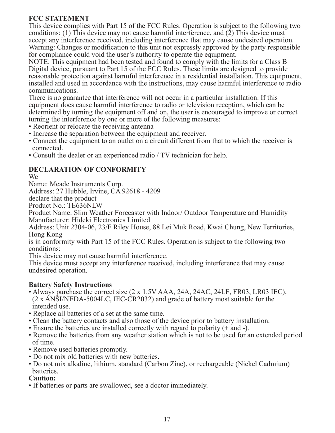 Meade TE636W user manual FCC Statement, Declaration of Conformity, Battery Safety Instructions 