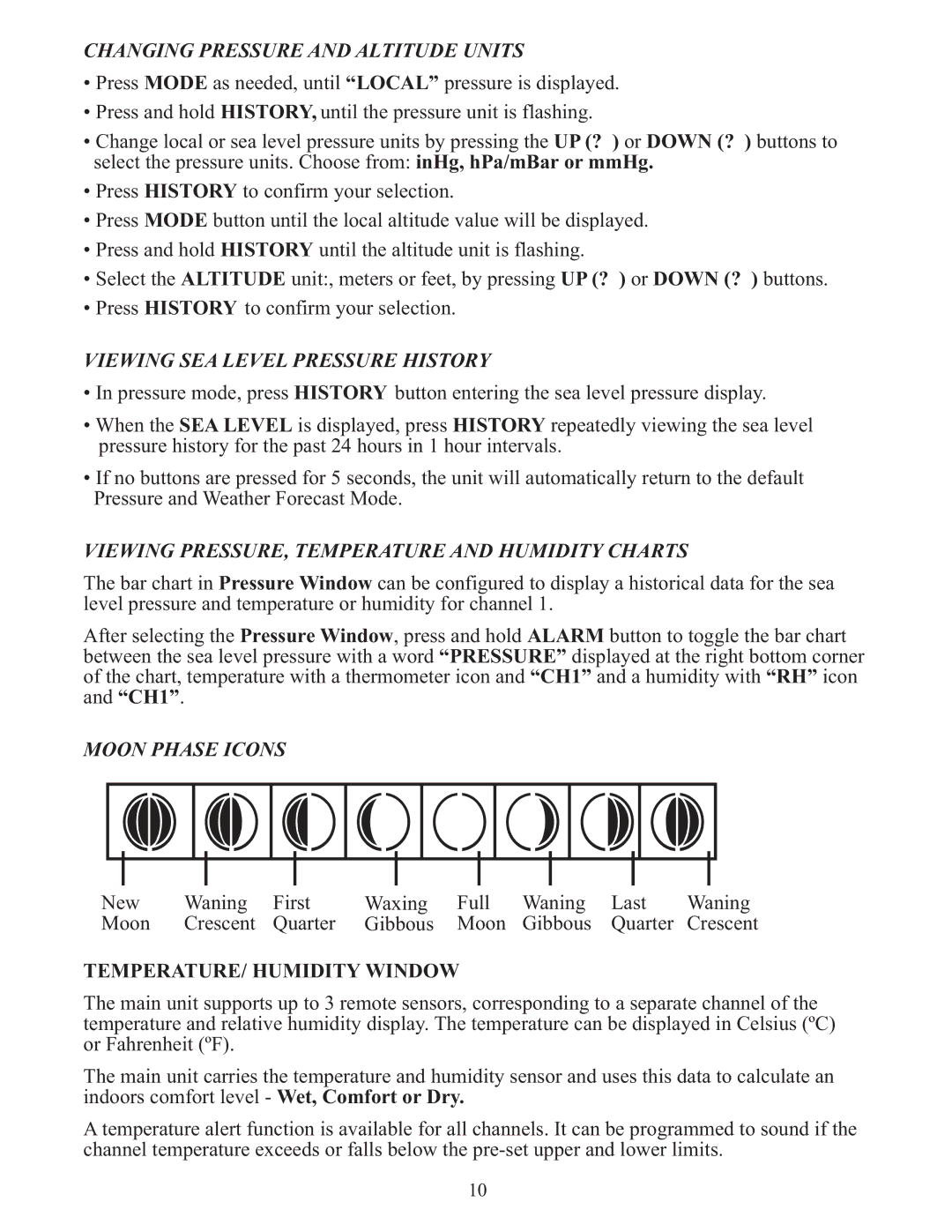 Meade TE653ELW-M user manual Changing Pressure and Altitude Units, Viewing SEA Level Pressure History, Moon Phase Icons 