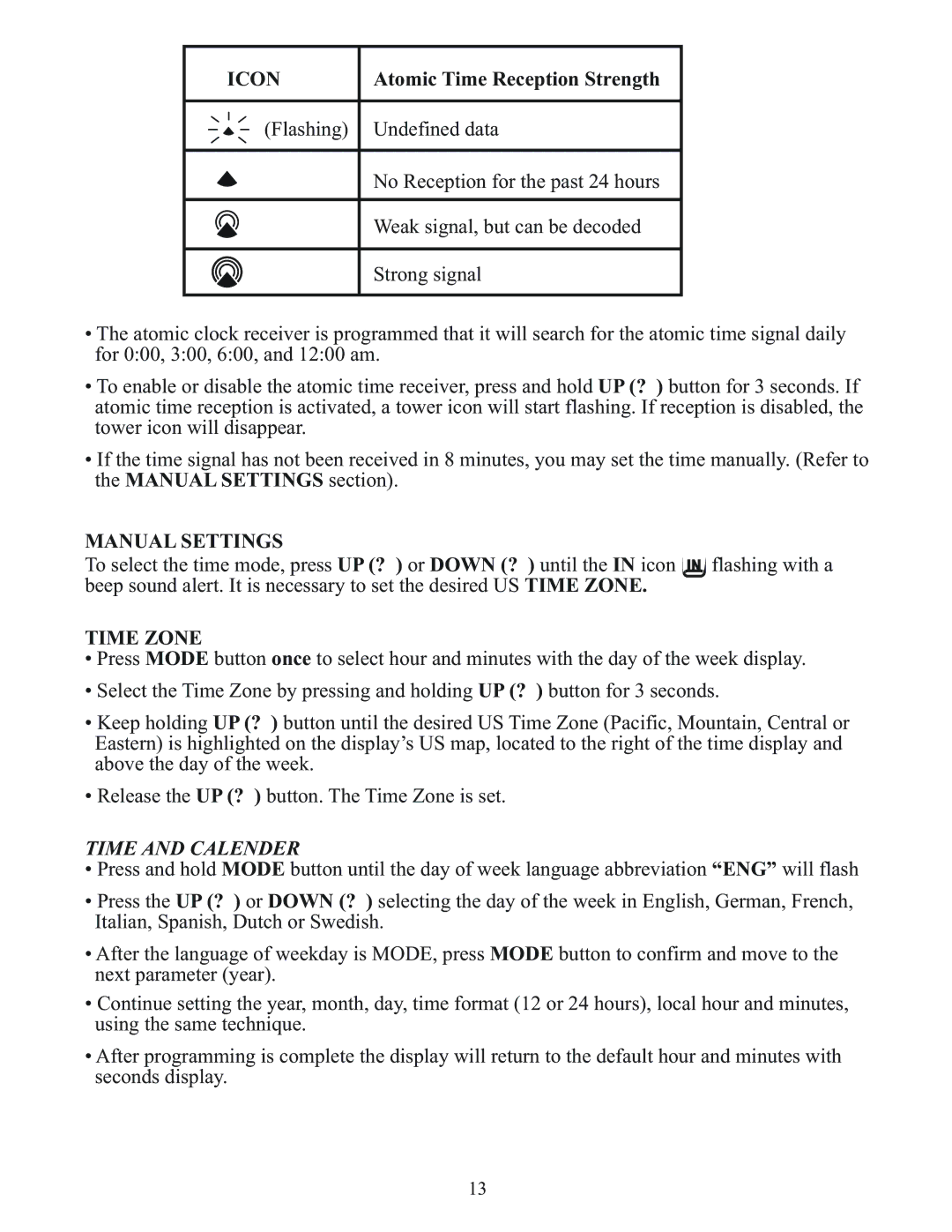 Meade TE653ELW-M user manual Icon, Manual Settings, Time Zone, Time and Calender 