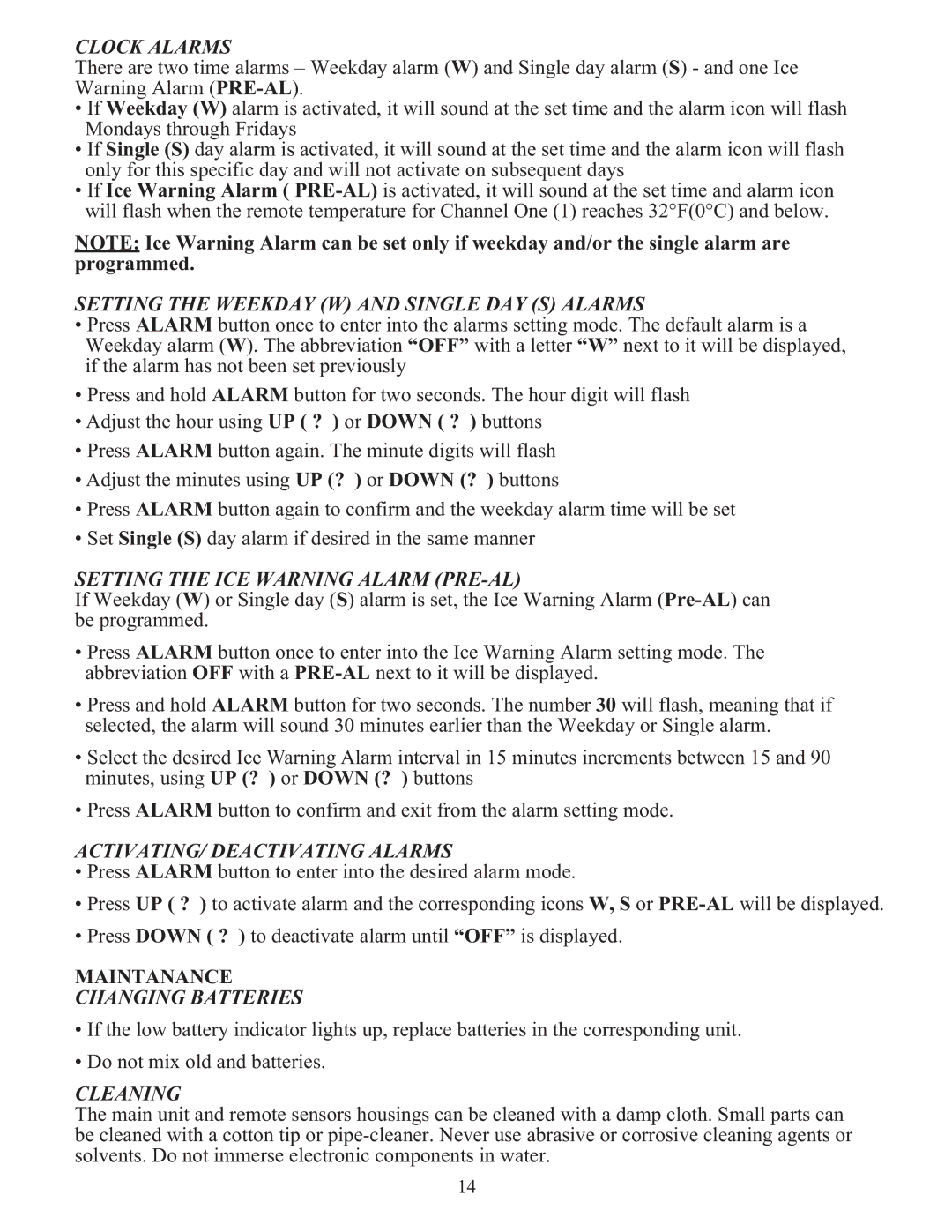 Meade TE653ELW-M Clock Alarms, Setting the Weekday W and Single DAY S Alarms, Setting the ICE Warning Alarm PRE-AL 
