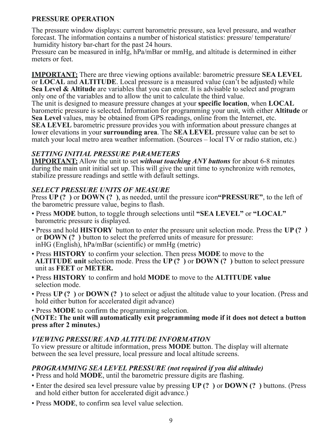 Meade TE653ELW-M user manual Setting Initial Pressure Parameters 