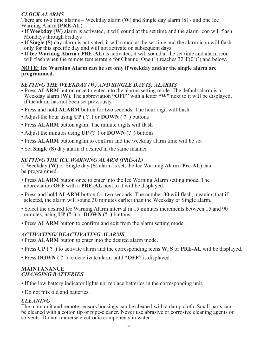 Meade TE653ELW-M Clock Alarms, Setting The Weekday W And Single Day S Alarms, Setting The Ice Warning Alarm Pre-Al 