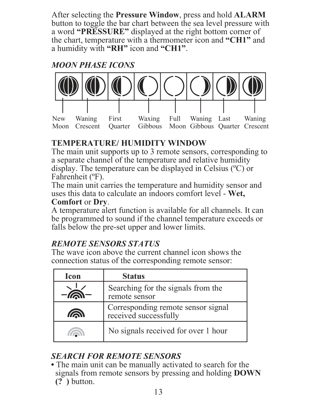 Meade TE688W Moon Phase Icons, TEMPERATURE/ Humidity Window, Remote Sensors Status, Icon Status, Search for Remote Sensors 