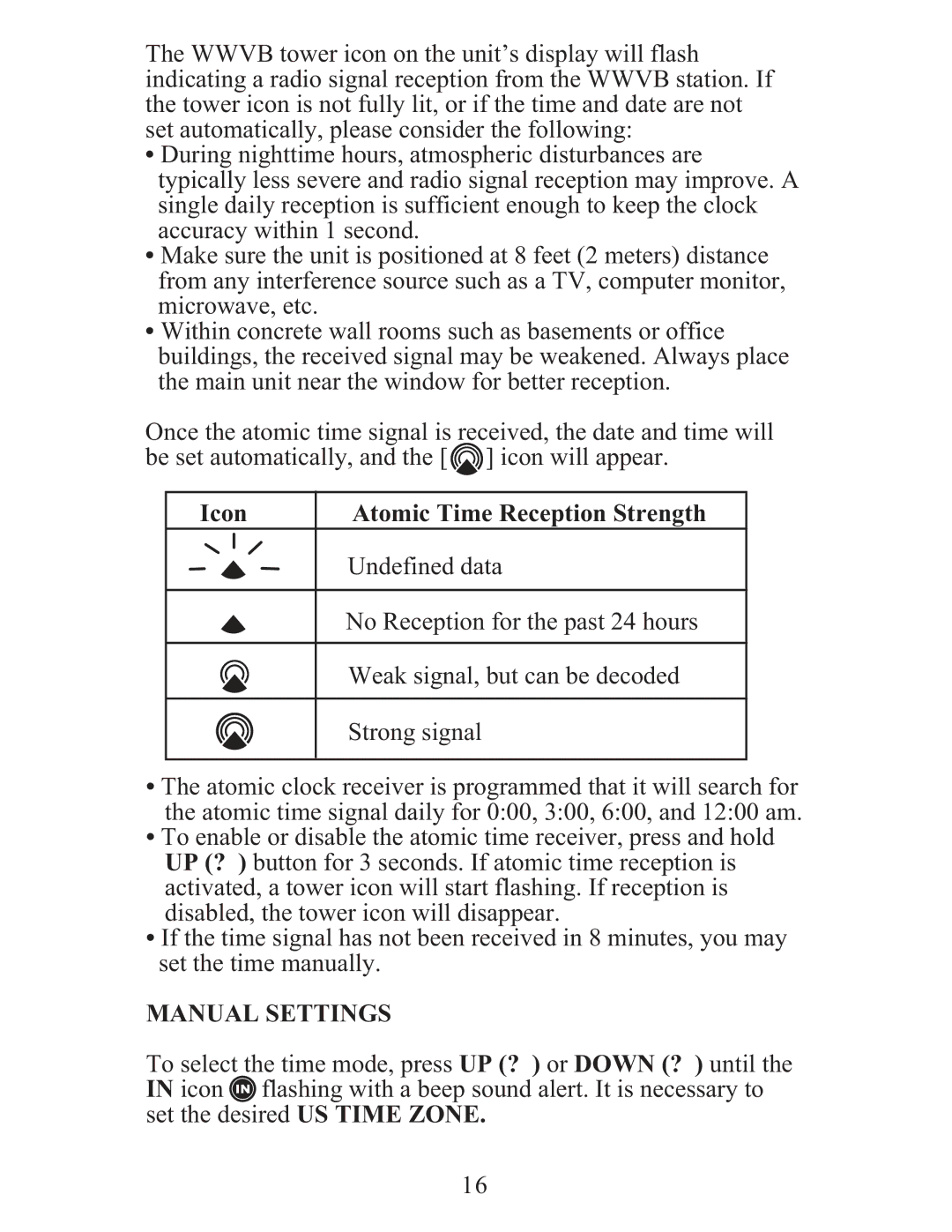 Meade TE688W user manual Icon Atomic Time Reception Strength, Manual Settings 