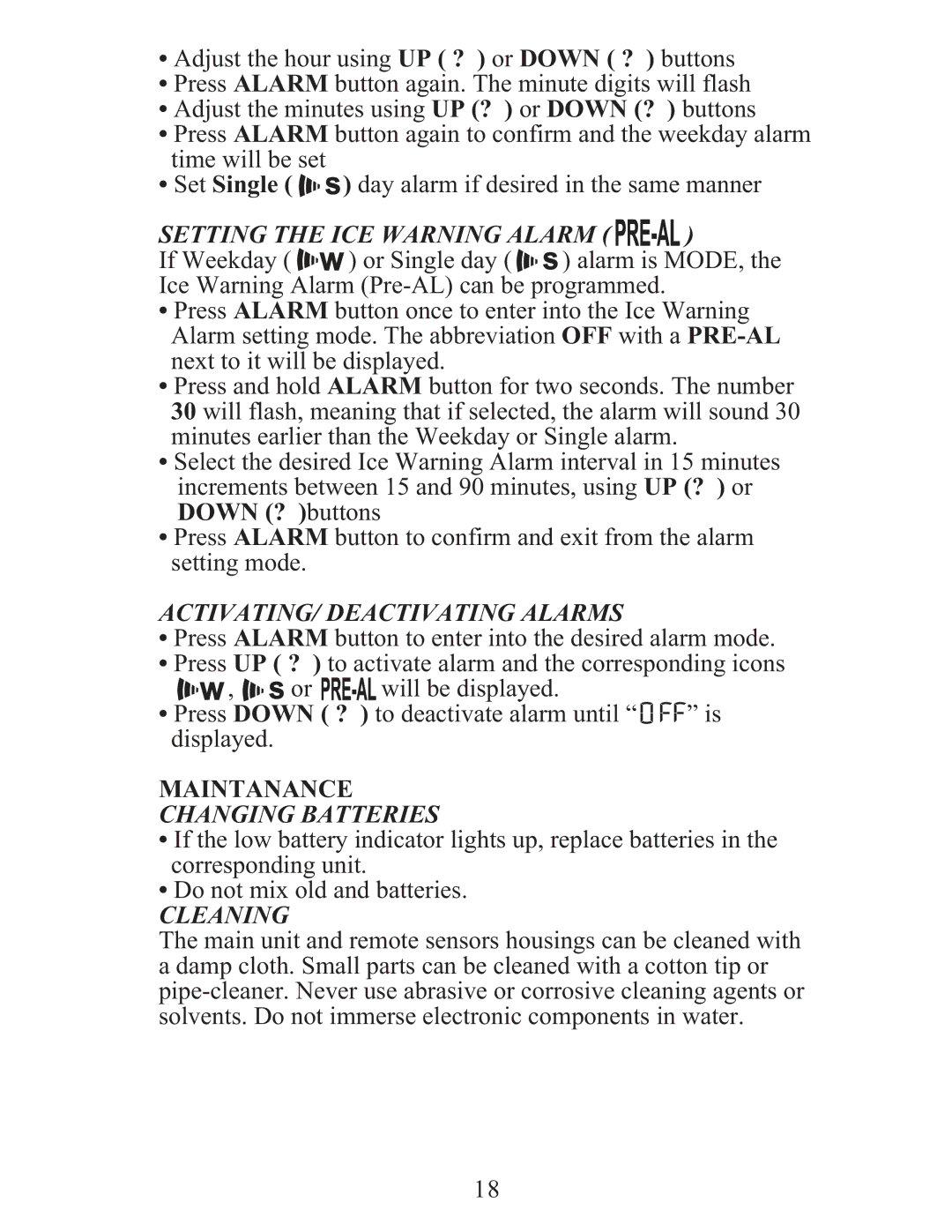 Meade TE688W Setting the ICE Warning Alarm, ACTIVATING/ Deactivating Alarms, Maintanance, Changing Batteries, Cleaning 