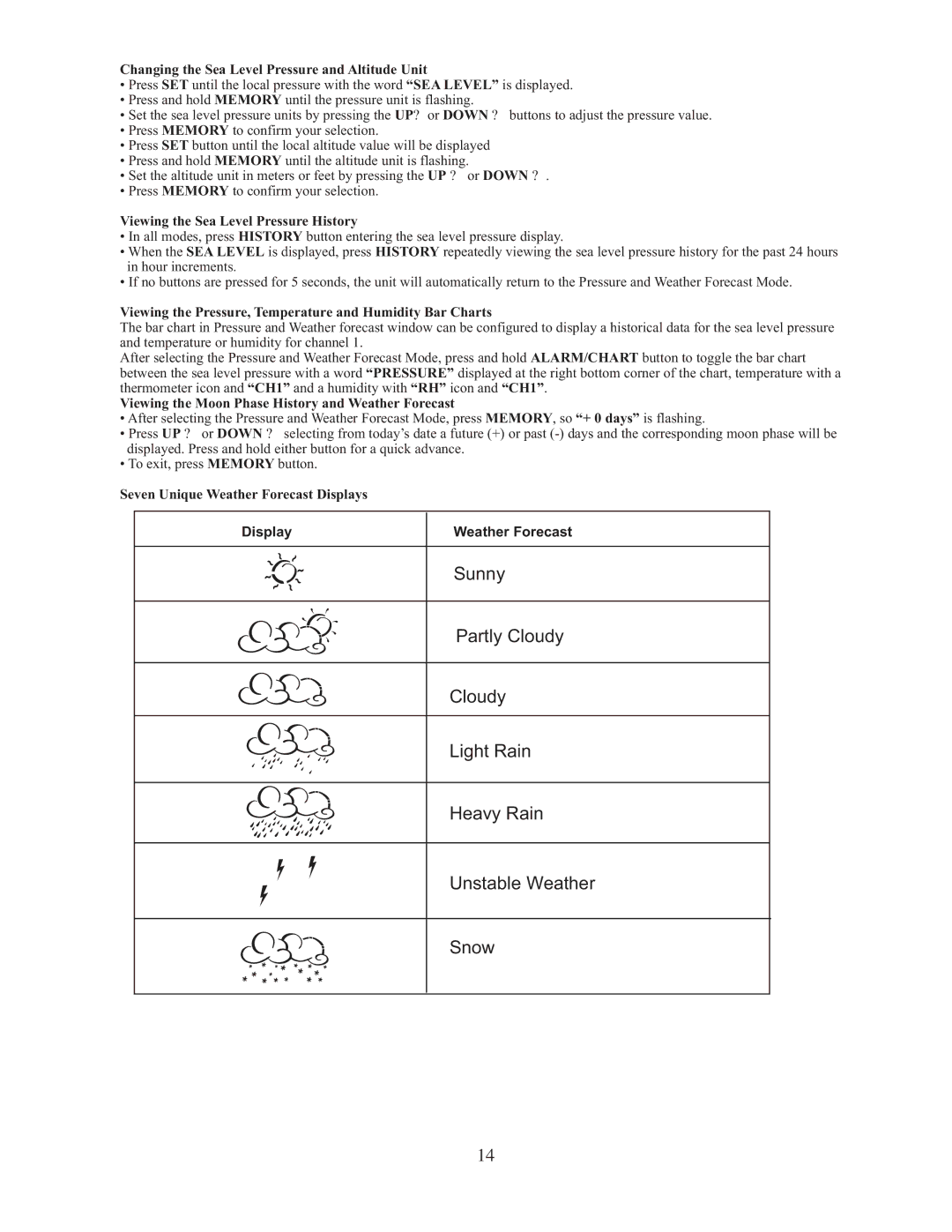 Meade TE827W user manual Changing the Sea Level Pressure and Altitude Unit, Viewing the Sea Level Pressure History 