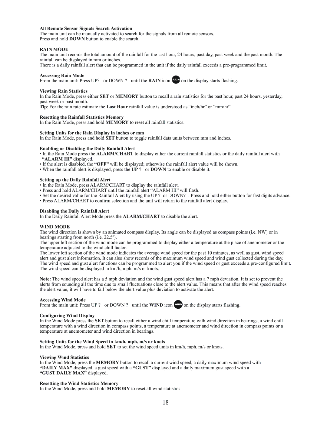 Meade TE827W user manual Rain Mode, Wind Mode 