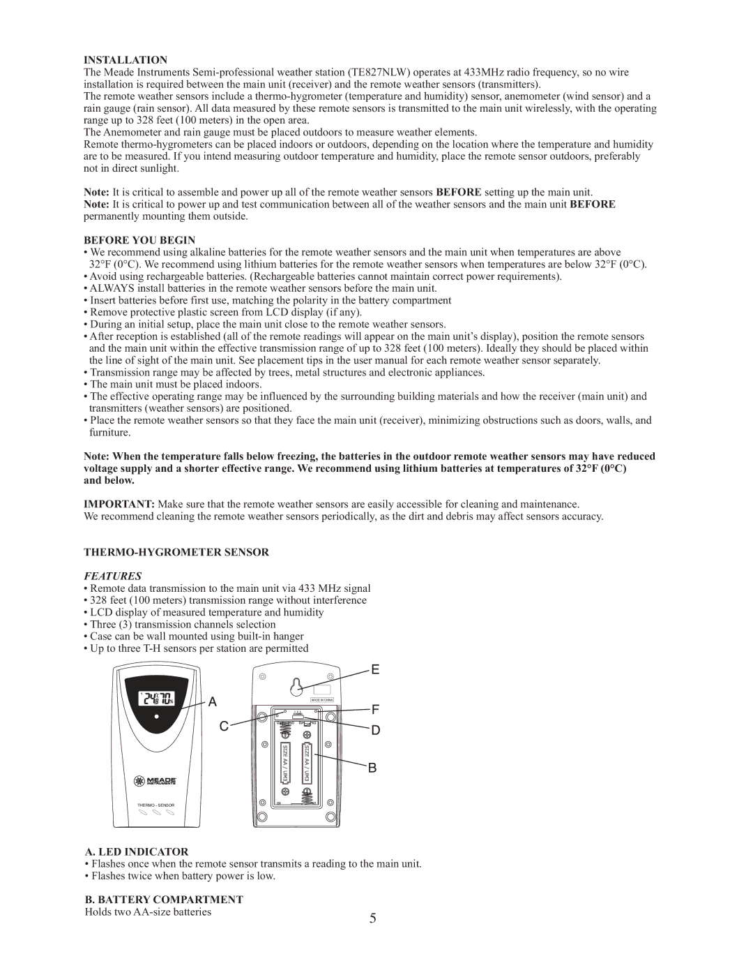 Meade TE827W user manual Installation, Before YOU Begin, THERMO-HYGROMETER Sensor, LED Indicator, Battery Compartment 