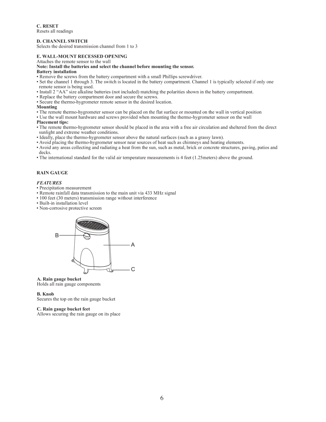 Meade TE827W user manual Channel Switch, WALL-MOUNT Recessed Opening, Rain Gauge 